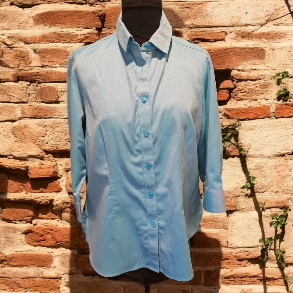 COLDWATER CREEK shape fit  no iron 3/4 sleeve turquoise Cotton Shirt Top Sz PM
